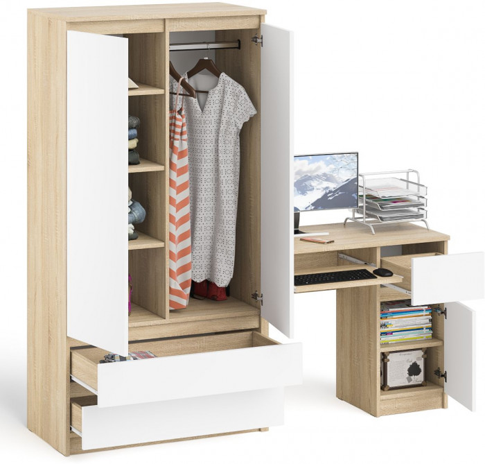 Мори компьютерный стол МС-1 правый + Шкаф МШ900.1, дуб сонома/белый