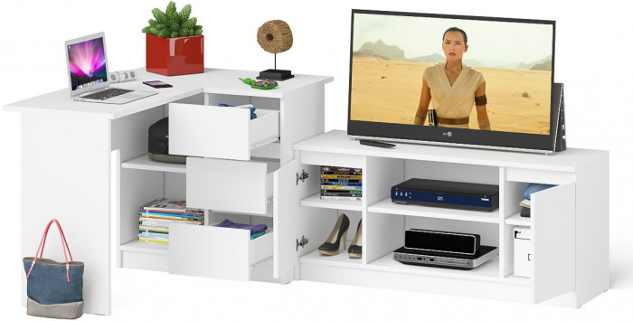 Мори компьютерный стол МС-16 правый + Тумба МТВ1200.1, белый