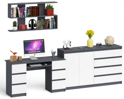 Мори компьютерный стол МС-2 + Комод МК1600.1 + Полка 1200, графит/белый
