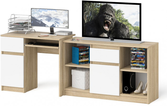 Мори Стол компьютерный МС-1 левый + Тумба МТВ1204.1, цвет дуб сонома/белый, ШхГхВ 210,4х50х76,6 см., выдвижной ящик слева, НЕ универсальная сборка