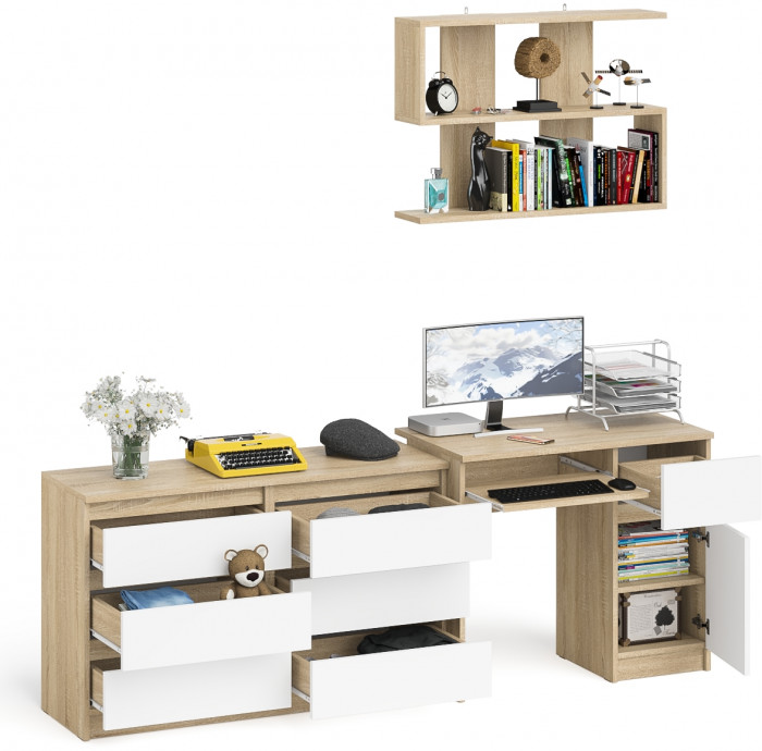 Мори Стол компьютерный МС-1 правый + Комод МК1200.6 + Полка 900, цвет дуб сонома/белый, ШхГхВ 210,4х50х209,6 см., НЕ универсальная сборка