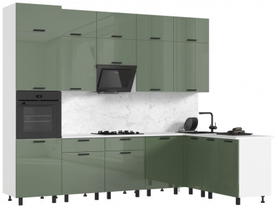 Кухня Техно 3,0х1,8/1080м Компоновка №6, Белый/Олива глянец