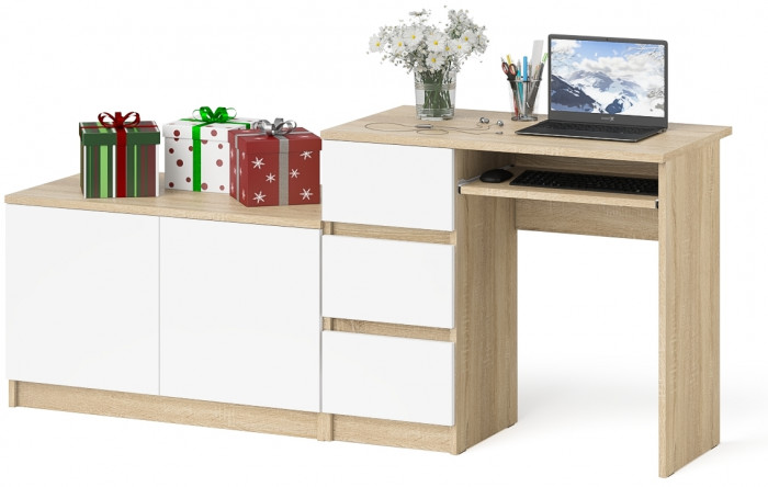 Мори Стол компьютерный МС-6 левый + Тумба МА900.1, цвет дуб сонома/белый, ШхГхВ 180,4х50,4х76,6 см., выдвижные ящики слева, НЕ универсальная сборка