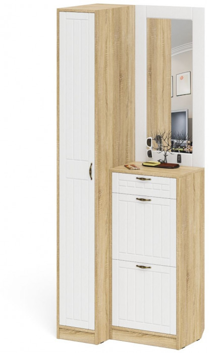 Прихожая П-6 Компоновка № 43, цвет дуб сонома/фасады МДФ белое дерево фрезеровка прованс, ШхГхВ 80х50х210 см., универсальная сборка