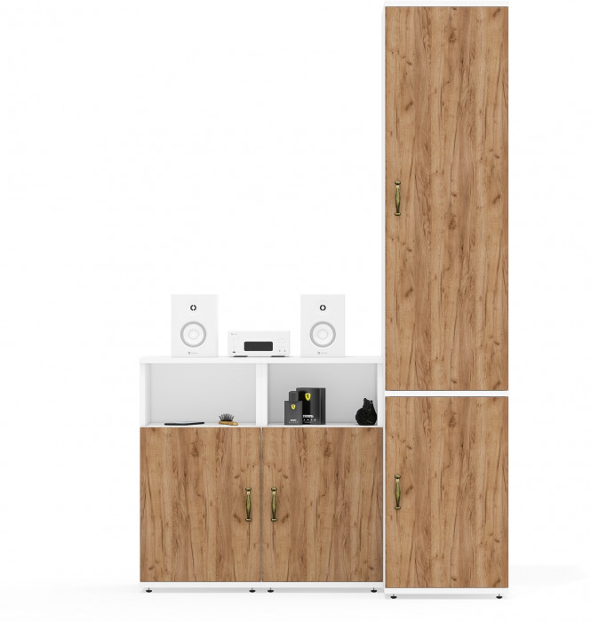 Лидер-8 Пенал МД 23Б + Тумба МД 3.19 + Тумба МД 3.19, цвет белый шагрень/крафт золото, ШхГхВ 120х50х190 см., универсальная сборка