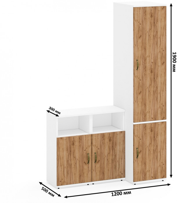 Лидер-8 Пенал МД 23Б + Тумба МД 3.19 + Тумба МД 3.19, цвет белый шагрень/крафт золото, ШхГхВ 120х50х190 см., универсальная сборка