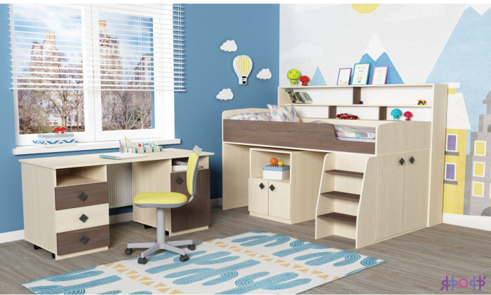 Кровать-чердак Малыш 5 (Дуб молочный/Дуб молочный)