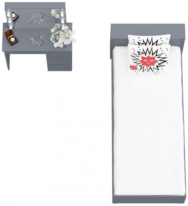 Ксения Кровать с ящиками 0900 + Стол косметический с подсветкой Сура, графит