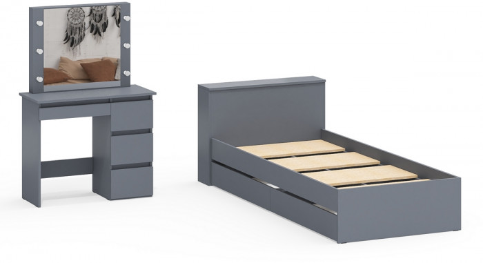 Ксения Кровать с ящиками 0900 + Стол косметический с подсветкой Сура, графит