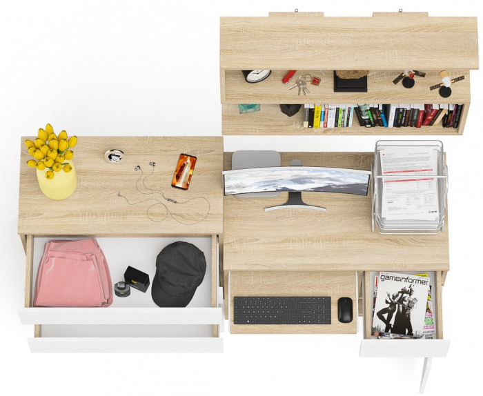 Мори компьютерный стол МС-1 правый + Комод МК800.4 + Полка 900, дуб сонома/белый