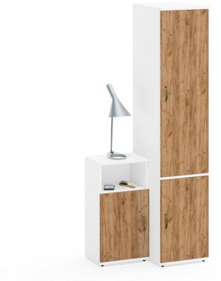 Лидер-8 Пенал МД 23Б + Тумба МД 3.19, цвет белый шагрень/крафт золото, ШхГхВ 80х50х190 см., универсальная сборка