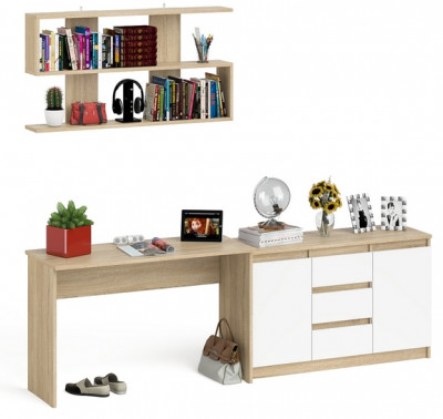 Мори Стол письменный МСП1200.1 + Комод МК1200.3 + Полка 1200, цвет дуб сонома/белый, ШхГхВ 240,8х50х209,6 см., универсальная сборка