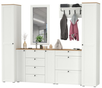 Остин Прихожая 58, цвет белый шагрень/дуб крафт золотой, ШхГхВ 280х54,3х229,6 см., универсальная сборка