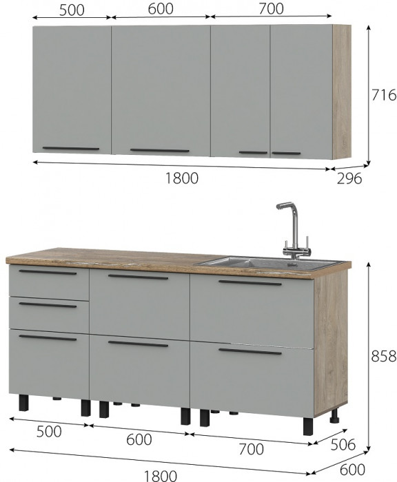 Кухня Этна 1.8 м. Комплект 1, софт грей