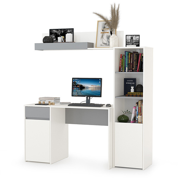 Торонто 12.149 Стол + 13.13 Шкаф комбинированный + 16.475 Полка, цвет белый шагрень/стальной серый, ШхГхВ 160х53,1х174 см., универсальная сборка