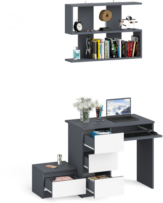 Мори компьютерный стол МС-6 левый + Тумба ТМП400.1 + Полка 900, графит/белый