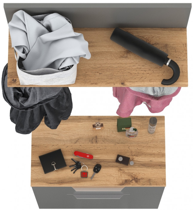 Октава 16.127 Тумба для обуви + 15.14.01 Вешалка, цвет серый графит/дуб крафт золотой/фасады МДФ серый графит, ШхГхВ 64,9х35,4х197 см.