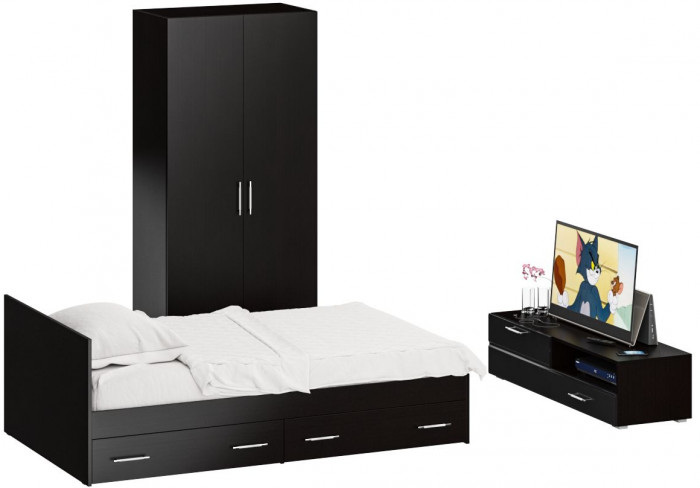 Спальня Стандарт 3-1200Я, венге/фасады ТВ тумбы МДФ чёрный глянец