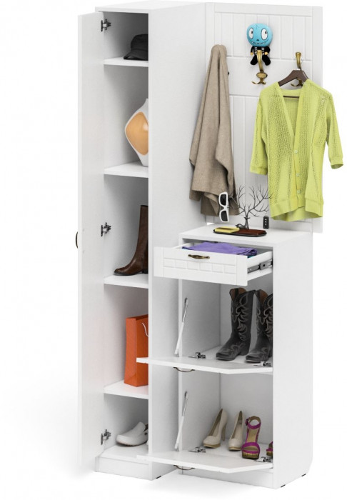 Прихожая П-6 Компоновка № 44, цвет белая шагрень/фасады МДФ белое дерево фрезеровка прованс, ШхГхВ 90х50х220 см., универсальная сборка