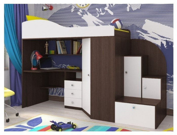 Кровать-чердак Кадет 1 (Ясень Анкор Темный/Белое дерево)