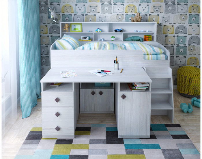 Кровать-чердак Малыш 5 (Дуб молочный/Лайм)