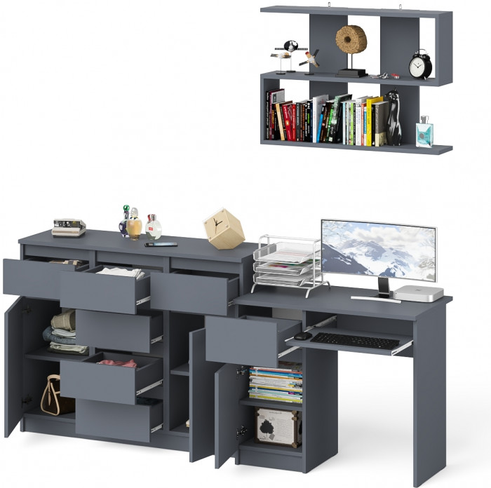 Мори Стол компьютерный МС-1 левый + Комод МК1200.4 + Полка 900, цвет графит, ШхГхВ 210,4х50х209,6 см., НЕ универсальная сборка