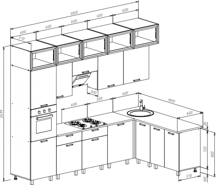 Кухня Техно 3,0х1,8/1080м Компоновка №8, Белый/Олива глянец