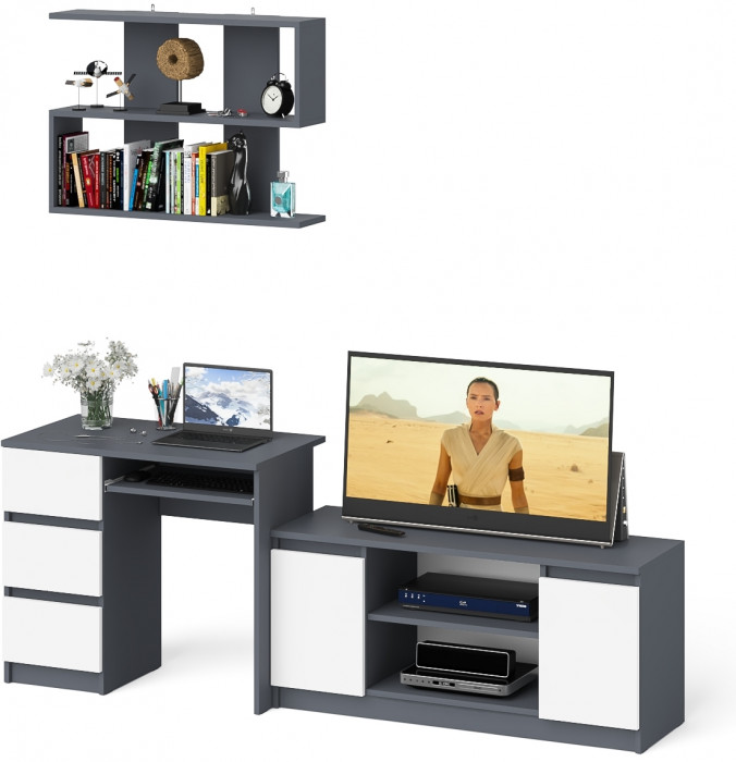 Мори Стол компьютерный МС-6 левый + Тумба МТВ1200.1 + Полка 900, цвет графит/белый, ШхГхВ 210,4х50х209,6 см., НЕ универсальная сборка