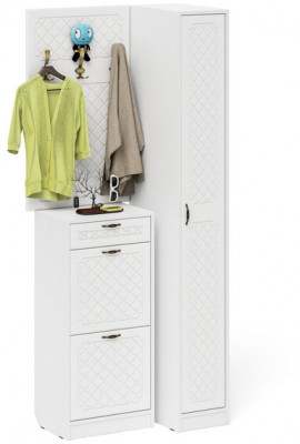 Прихожая П-6 Компоновка № 44, цвет белая шагрень/фасады МДФ белое дерево фрезеровка ромб, ШхГхВ 90х50х220 см., универсальная сборка