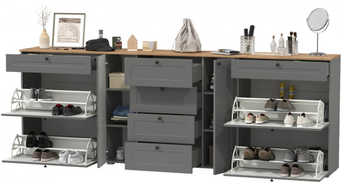 Остин 16.221 Комод + 16.121 Тумба для обуви + 16.121 Тумба для обуви, цвет серый графит/дуб крафт золотой, ШхГхВ 280х41,9х99,3 см., ун. сборка