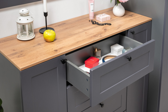 Остин 16.221 Комод + 16.121 Тумба для обуви + 16.121 Тумба для обуви, цвет серый графит/дуб крафт золотой, ШхГхВ 280х41,9х99,3 см., ун. сборка