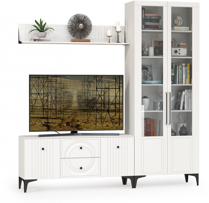 Валенсия Гостиная № 058, цвет ЛДСП белый шагрень/МДФ белый шагрень, ШхГхВ 217,2х38,3х225,2 см., универсальная сборка