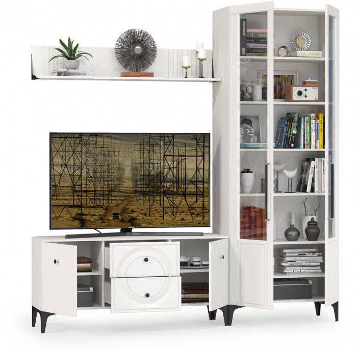 Валенсия Гостиная № 058, цвет ЛДСП белый шагрень/МДФ белый шагрень, ШхГхВ 217,2х38,3х225,2 см., универсальная сборка