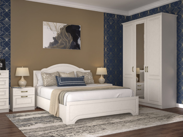 Ливерпуль Кровать 11.08 + основание + ножки + две Тумбы 08.146, ясень ваниль/белый