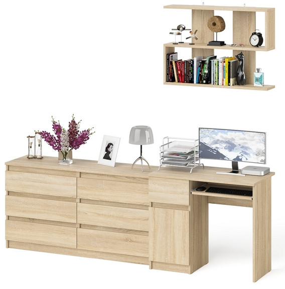 Мори Стол компьютерный МС-1 левый + Комод МК1380.6 + Полка 900, цвет дуб сонома, ШхГхВ 228х50х209,6 см., НЕ универсальная сборка