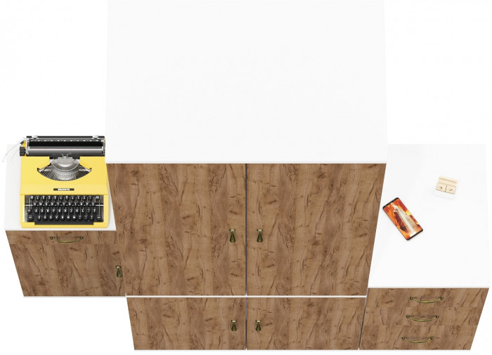 Лидер-8 Шкаф МД 19Б + Тумба МД 3.15 + Тумба МД 3.16, цвет белый шагрень/крафт золото, ШхГхВ 160х50х190 см., универсальная сборка