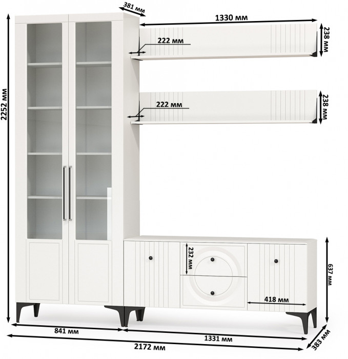 Валенсия Гостиная № 059, цвет ЛДСП белый шагрень/МДФ белый шагрень, ШхГхВ 217,2х38,3х225,2 см., универсальная сборка