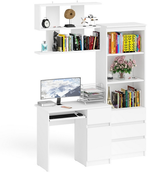 Мори компьютерный стол МС-1 правый + Стеллаж МСТ600.3 + Полка 900, белый
