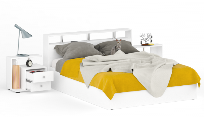 Камелия Кровать 1600 + две тумбы, цвет белый, ШхГхВ 276х217х78,2 см., сп.м. 1600х2000 мм., без матраса, основание есть