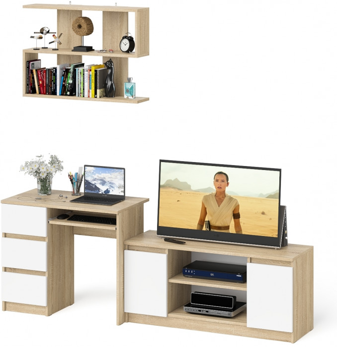 Мори Стол компьютерный МС-6 левый + Тумба МТВ1200.1 + Полка 900, цвет дуб сонома/белый, ШхГхВ 210,4х50х209,6 см., НЕ универсальная сборка