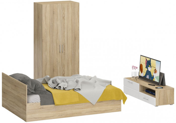 Спальня Стандарт 3-1400, дуб сонома/фасады ТВ тумбы МДФ белый глянец