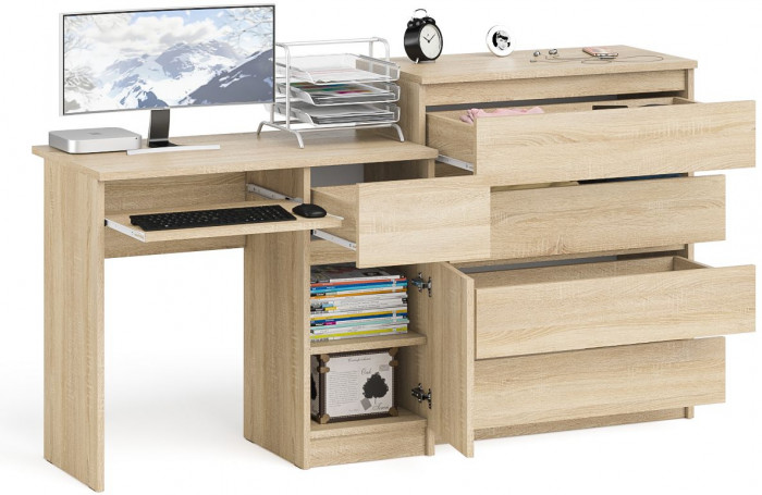 Мори компьютерный стол МС-1 правый + Комод МК800.4, дуб сонома