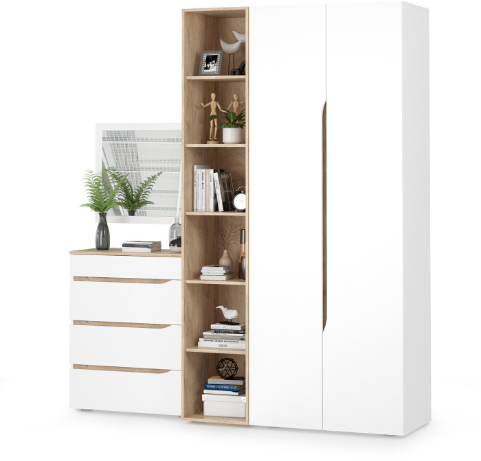 Муссон 13.198 Шкаф + 13.349 Стеллаж + 13.97 Комод + Зеркало СВК, белый/дуб эндгрейн элегантный