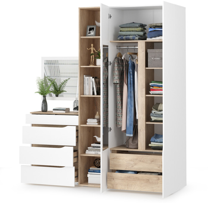 Муссон 13.198 Шкаф + 13.349 Стеллаж + 13.97 Комод + Зеркало СВК, белый/дуб эндгрейн элегантный