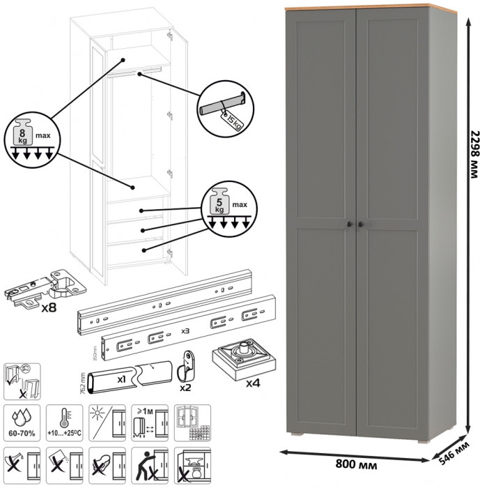 Остин 13.336.02 Шкаф для одежды(две двери), серый графит/дуб крафт золотой