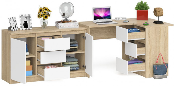 Мори Стол компьютерный МС-16 правый + Комод МК1200.3, цвет дуб сонома/белый, ШхГхВ 244,8х84,9х76,6 см., выдвижные ящики справа, НЕ универс. сборка