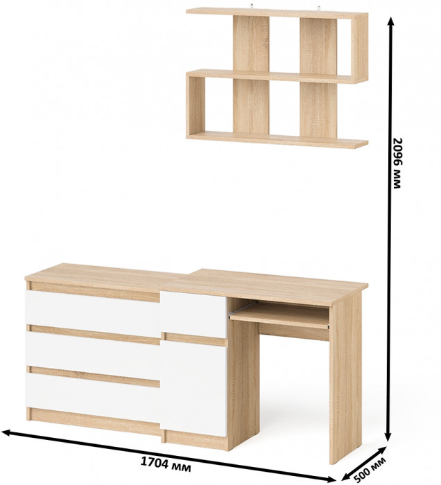 Мори компьютерный стол МС-1 левый + Комод МК800.1 + Полка 900, дуб сонома/белый