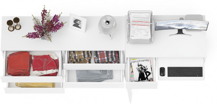 Мори Стол компьютерный МС-1 левый + Комод МК1380.6, цвет белый, ШхГхВ 228х50х76,6 см., выдвижной ящик слева, НЕ универсальная сборка