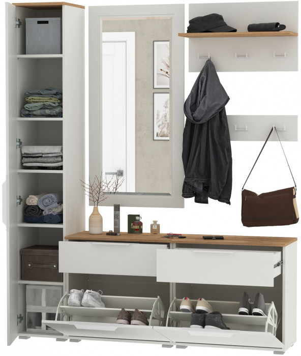 Октава Прихожая 44, цвет белый шагрень/дуб крафт золотой/фасады МДФ белый шагрень, ШхГхВ 162х35,4х197,6 см., универсальная сборка