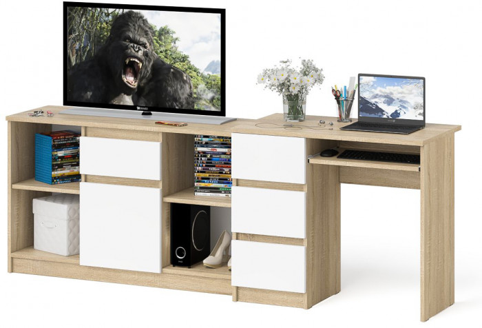 Мори компьютерный стол МС-6 левый + Тумба МТВ1204.1, дуб сонома/белый